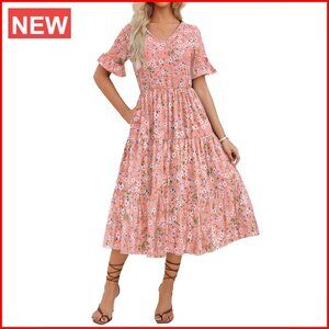 Midi Tiered Casual Dress with V-Neck Ruffle Sleeves and Pockets